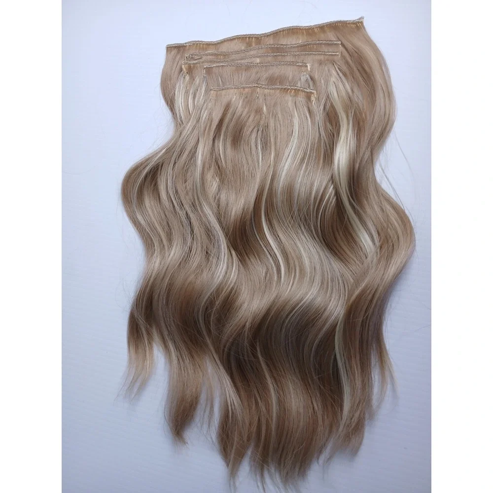 Wavy Ash Blonde Highlighted Clip In Synthetic Hair Extensions 5 Piece Body Wave